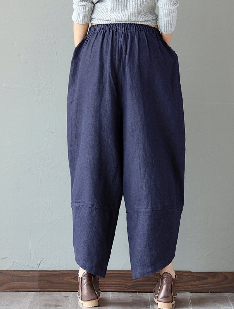 Minibee Women's Baggy Linen Wide Leg Trousers Casual Patchwork Elastic Waist Harem Pants Navy Blue M - Image 4